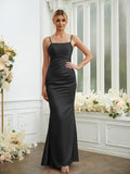 Sheath/Column Silk like Satin Ruched Spaghetti Straps Sleeveless Floor-Length Bridesmaid Dresses Formal Evening Dress