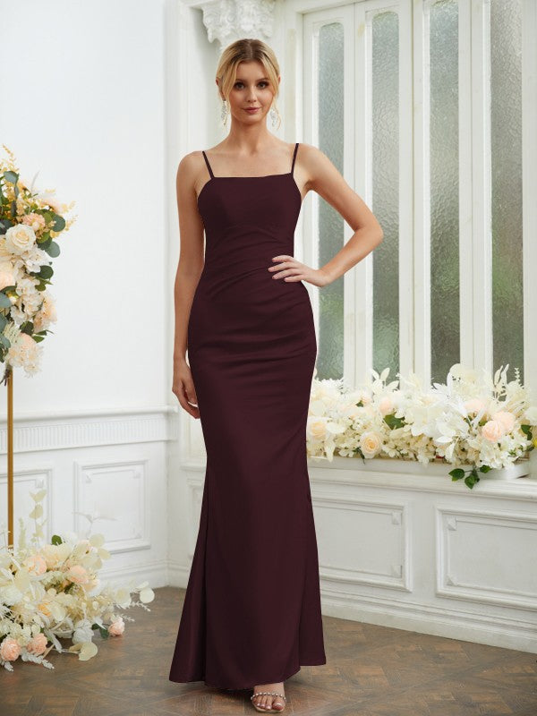 Sheath/Column Silk like Satin Ruched Spaghetti Straps Sleeveless Floor-Length Bridesmaid Dresses Formal Evening Dress
