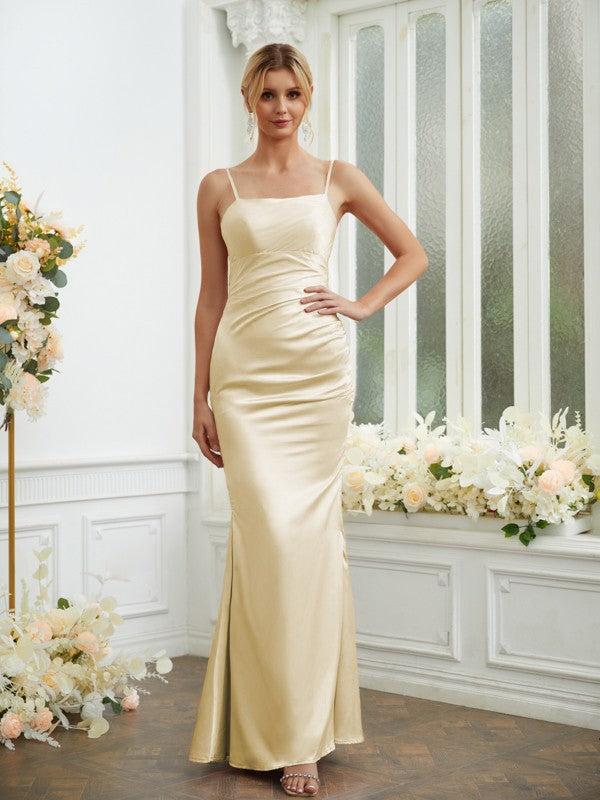 Sheath/Column Silk like Satin Ruched Spaghetti Straps Sleeveless Floor-Length Bridesmaid Dresses Formal Evening Dress