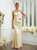 Sheath/Column Silk like Satin Ruched Spaghetti Straps Sleeveless Floor-Length Bridesmaid Dresses Formal Evening Dress