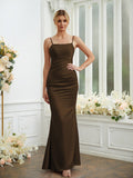 Sheath/Column Silk like Satin Ruched Spaghetti Straps Sleeveless Floor-Length Bridesmaid Dresses Formal Evening Dress