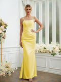 Sheath/Column Silk like Satin Ruched Spaghetti Straps Sleeveless Floor-Length Bridesmaid Dresses Formal Evening Dress