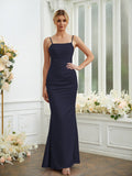 Sheath/Column Silk like Satin Ruched Spaghetti Straps Sleeveless Floor-Length Bridesmaid Dresses Formal Evening Dress