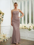 Sheath/Column Silk like Satin Ruched Spaghetti Straps Sleeveless Floor-Length Bridesmaid Dresses Formal Evening Dress