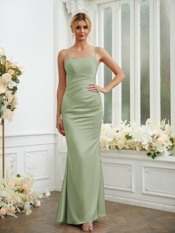 Sheath/Column Silk like Satin Ruched Spaghetti Straps Sleeveless Floor-Length Bridesmaid Dresses Formal Evening Dress
