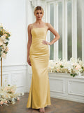 Sheath/Column Silk like Satin Ruched Spaghetti Straps Sleeveless Floor-Length Bridesmaid Dresses Formal Evening Dress