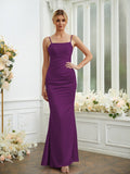 Sheath/Column Silk like Satin Ruched Spaghetti Straps Sleeveless Floor-Length Bridesmaid Dresses Formal Evening Dress