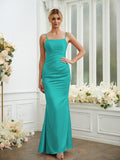 Sheath/Column Silk like Satin Ruched Spaghetti Straps Sleeveless Floor-Length Bridesmaid Dresses Formal Evening Dress