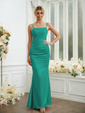 Sheath/Column Silk like Satin Ruched Spaghetti Straps Sleeveless Floor-Length Bridesmaid Dresses Formal Evening Dress
