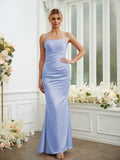 Sheath/Column Silk like Satin Ruched Spaghetti Straps Sleeveless Floor-Length Bridesmaid Dresses Formal Evening Dress