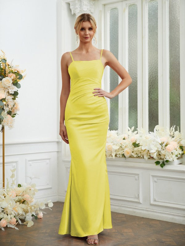 Sheath/Column Silk like Satin Ruched Spaghetti Straps Sleeveless Floor-Length Bridesmaid Dresses Formal Evening Dress