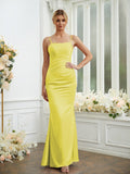 Sheath/Column Silk like Satin Ruched Spaghetti Straps Sleeveless Floor-Length Bridesmaid Dresses Formal Evening Dress