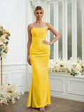 Sheath/Column Silk like Satin Ruched Spaghetti Straps Sleeveless Floor-Length Bridesmaid Dresses Formal Evening Dress