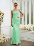 Sheath/Column Silk like Satin Ruched Spaghetti Straps Sleeveless Floor-Length Bridesmaid Dresses Formal Evening Dress