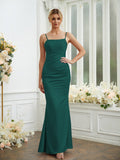 Sheath/Column Silk like Satin Ruched Spaghetti Straps Sleeveless Floor-Length Bridesmaid Dresses Formal Evening Dress