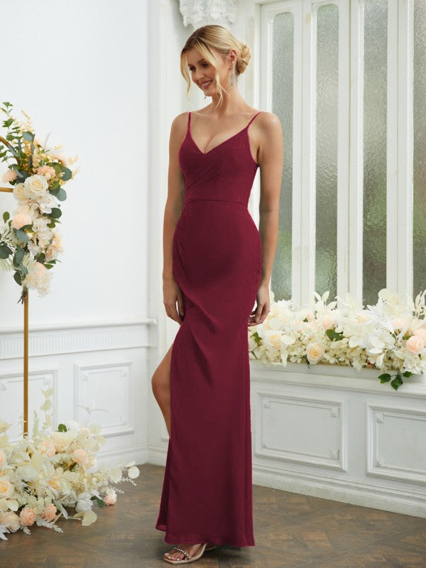 Sheath/Column Chiffon Ruched V-neck Sleeveless Floor-Length Bridesmaid Dresses Formal Evening Dress