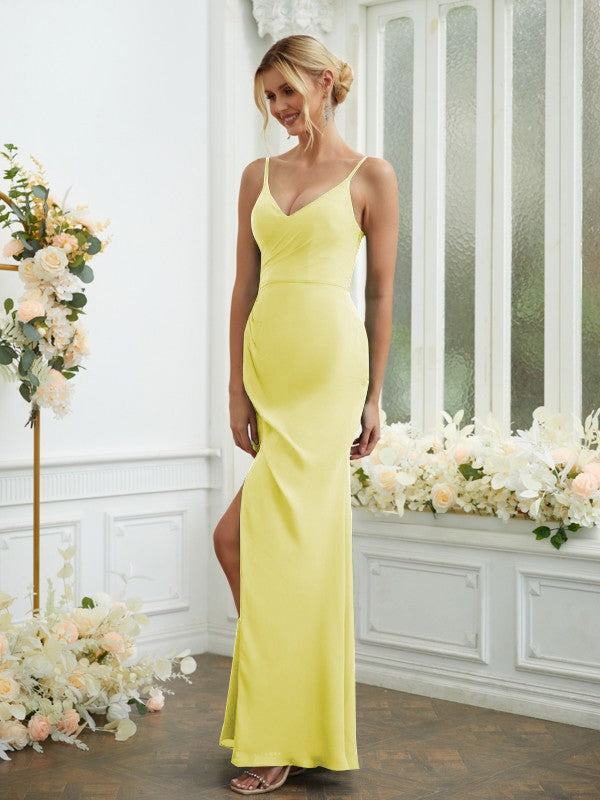 Sheath/Column Chiffon Ruched V-neck Sleeveless Floor-Length Bridesmaid Dresses Formal Evening Dress
