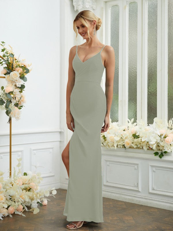 Sheath/Column Chiffon Ruched V-neck Sleeveless Floor-Length Bridesmaid Dresses Formal Evening Dress