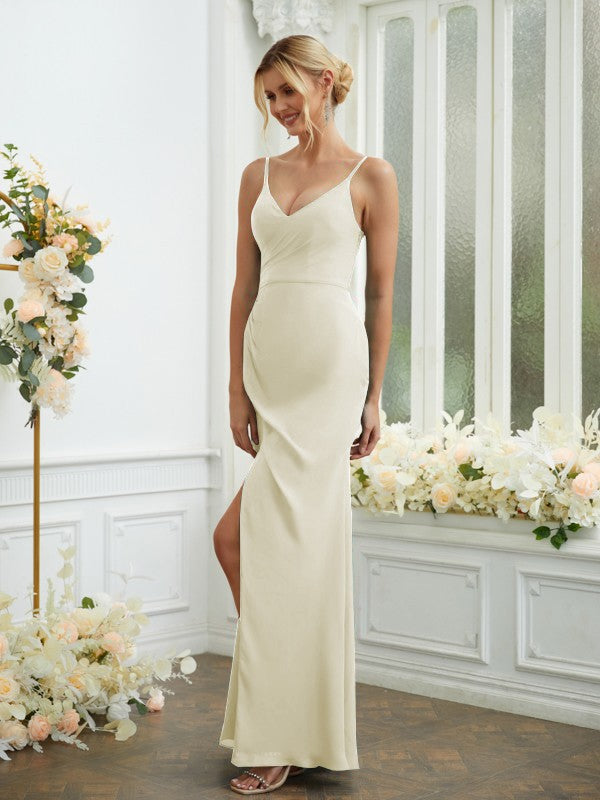 Sheath/Column Chiffon Ruched V-neck Sleeveless Floor-Length Bridesmaid Dresses Formal Evening Dress