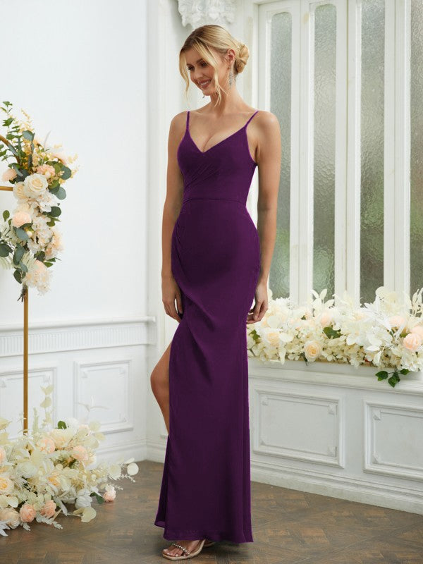 Sheath/Column Chiffon Ruched V-neck Sleeveless Floor-Length Bridesmaid Dresses Formal Evening Dress