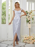 Vestidos de dama de honor de corte tubo/columna, de satén tipo seda, fruncidos, hombros descubiertos, sin mangas, hasta los tobillos