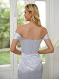 Vestidos de dama de honor de corte tubo/columna, de satén tipo seda, fruncidos, hombros descubiertos, sin mangas, hasta los tobillos