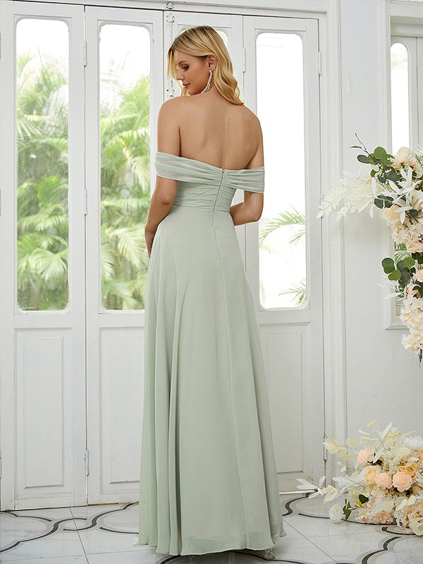 A-Line/Princess Chiffon Ruched Off-the-Shoulder Sleeveless Floor-Length Bridesmaid Dresses Formal Evening Dress