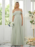 A-Line/Princess Chiffon Ruched Off-the-Shoulder Sleeveless Floor-Length Bridesmaid Dresses Formal Evening Dress