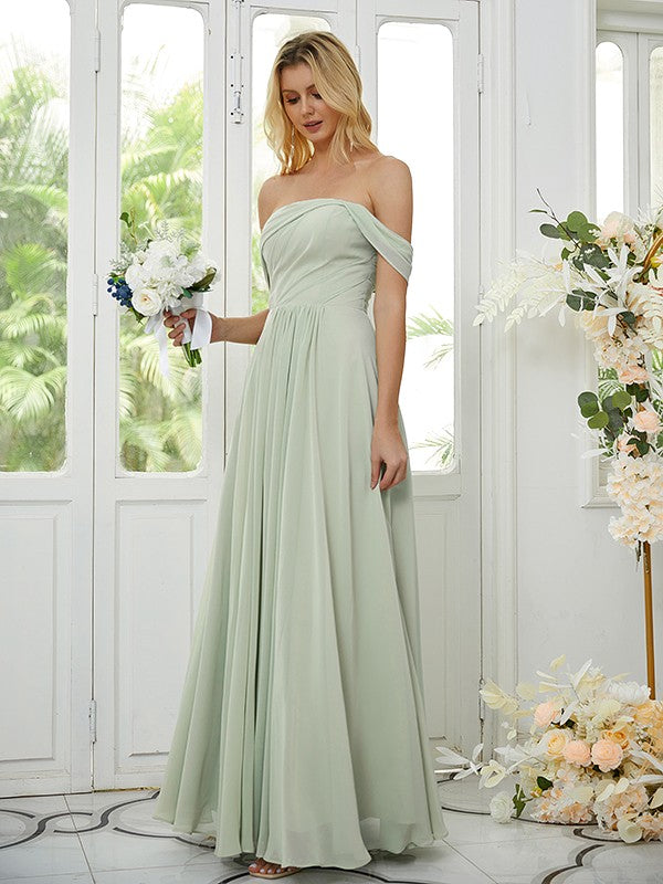 A-Line/Princess Chiffon Ruched Off-the-Shoulder Sleeveless Floor-Length Bridesmaid Dresses Formal Evening Dress