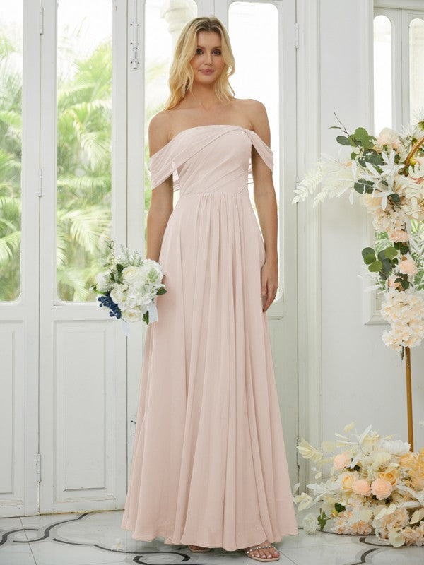 A-Line/Princess Chiffon Ruched Off-the-Shoulder Sleeveless Floor-Length Bridesmaid Dresses Formal Evening Dress