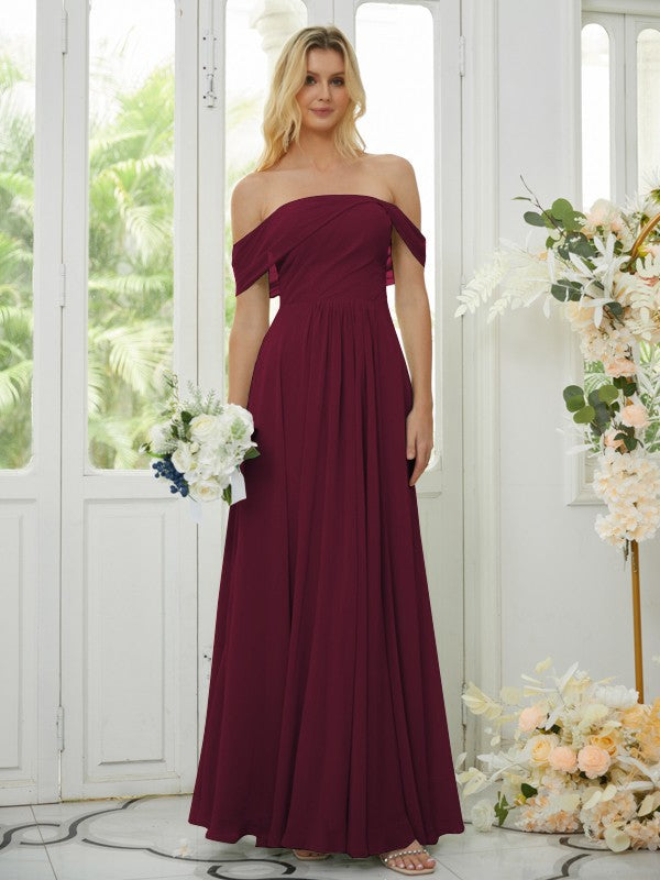 A-Line/Princess Chiffon Ruched Off-the-Shoulder Sleeveless Floor-Length Bridesmaid Dresses Formal Evening Dress
