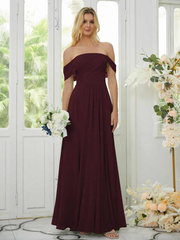 A-Line/Princess Chiffon Ruched Off-the-Shoulder Sleeveless Floor-Length Bridesmaid Dresses Formal Evening Dress