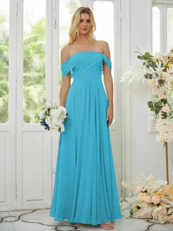 A-Line/Princess Chiffon Ruched Off-the-Shoulder Sleeveless Floor-Length Bridesmaid Dresses Formal Evening Dress