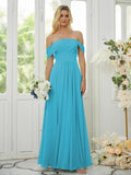 A-Line/Princess Chiffon Ruched Off-the-Shoulder Sleeveless Floor-Length Bridesmaid Dresses Formal Evening Dress