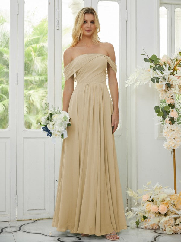 A-Line/Princess Chiffon Ruched Off-the-Shoulder Sleeveless Floor-Length Bridesmaid Dresses Formal Evening Dress