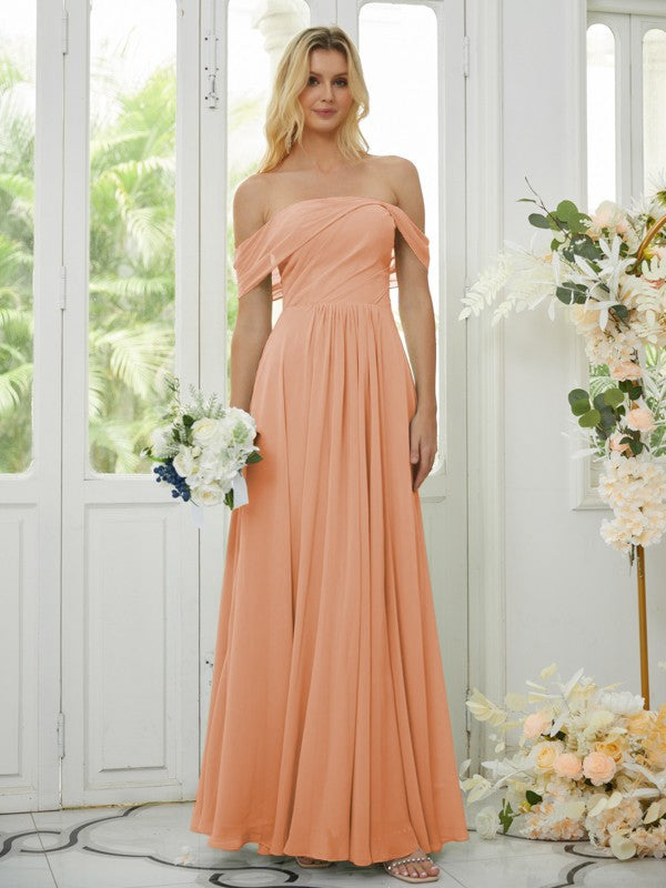 A-Line/Princess Chiffon Ruched Off-the-Shoulder Sleeveless Floor-Length Bridesmaid Dresses Formal Evening Dress