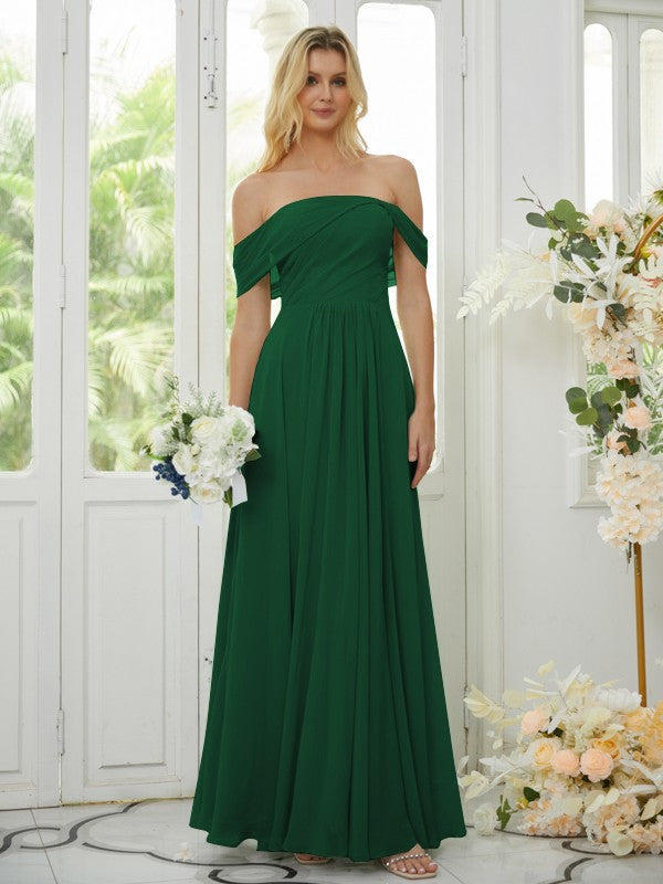 A-Line/Princess Chiffon Ruched Off-the-Shoulder Sleeveless Floor-Length Bridesmaid Dresses Formal Evening Dress