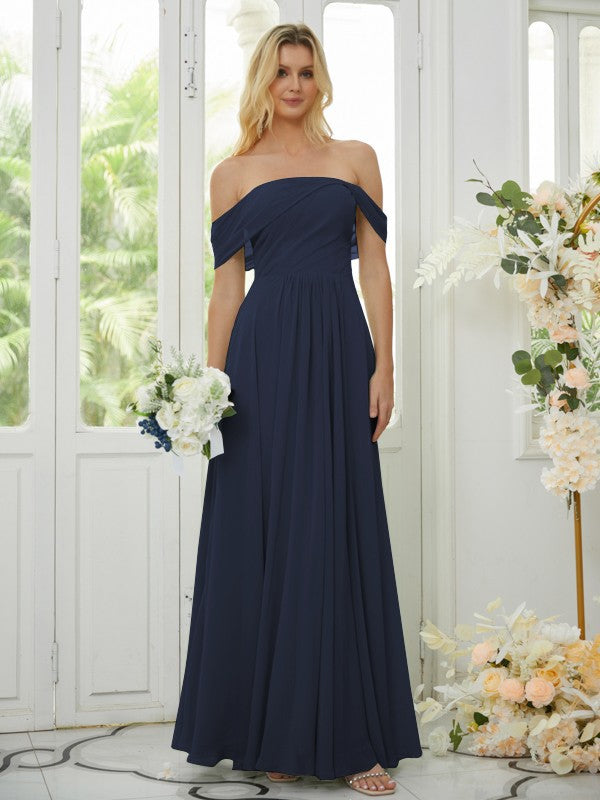 A-Line/Princess Chiffon Ruched Off-the-Shoulder Sleeveless Floor-Length Bridesmaid Dresses Formal Evening Dress