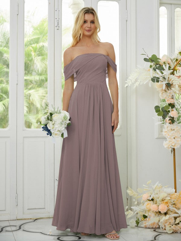 A-Line/Princess Chiffon Ruched Off-the-Shoulder Sleeveless Floor-Length Bridesmaid Dresses Formal Evening Dress