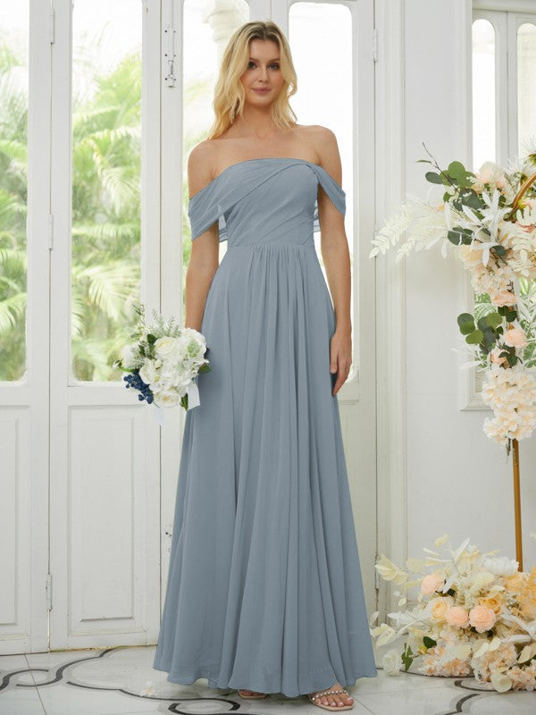 A-Line/Princess Chiffon Ruched Off-the-Shoulder Sleeveless Floor-Length Bridesmaid Dresses Formal Evening Dress