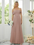 A-Line/Princess Chiffon Ruched Off-the-Shoulder Sleeveless Floor-Length Bridesmaid Dresses Formal Evening Dress