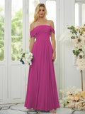 A-Line/Princess Chiffon Ruched Off-the-Shoulder Sleeveless Floor-Length Bridesmaid Dresses Formal Evening Dress
