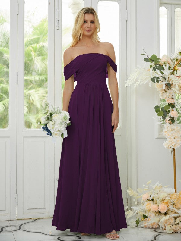 A-Line/Princess Chiffon Ruched Off-the-Shoulder Sleeveless Floor-Length Bridesmaid Dresses Formal Evening Dress