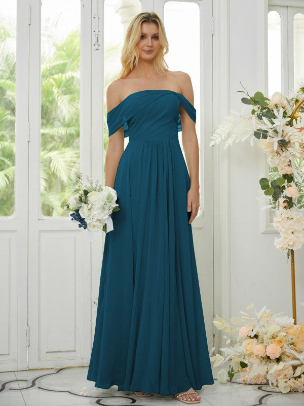 A-Line/Princess Chiffon Ruched Off-the-Shoulder Sleeveless Floor-Length Bridesmaid Dresses Formal Evening Dress