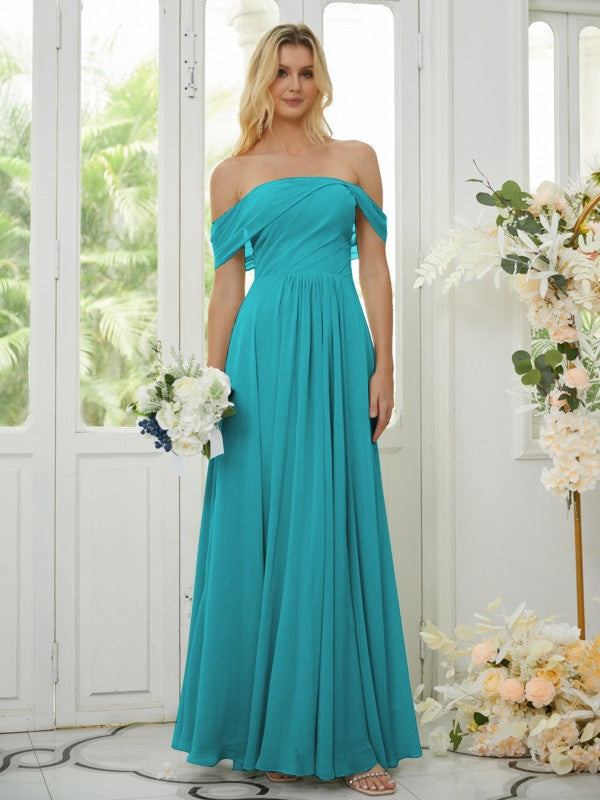 A-Line/Princess Chiffon Ruched Off-the-Shoulder Sleeveless Floor-Length Bridesmaid Dresses Formal Evening Dress