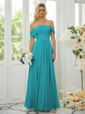 A-Line/Princess Chiffon Ruched Off-the-Shoulder Sleeveless Floor-Length Bridesmaid Dresses Formal Evening Dress