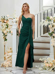Sheath/Column Stretch Crepe Ruched One-Shoulder Sleeveless Floor-Length Bridesmaid Dresses Formal Evening Dress