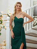 Sheath/Column Stretch Crepe Ruched One-Shoulder Sleeveless Floor-Length Bridesmaid Dresses Formal Evening Dress