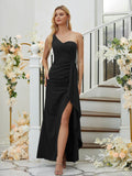 Sheath/Column Stretch Crepe Ruched One-Shoulder Sleeveless Floor-Length Bridesmaid Dresses Formal Evening Dress