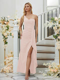 Sheath/Column Stretch Crepe Ruched One-Shoulder Sleeveless Floor-Length Bridesmaid Dresses Formal Evening Dress